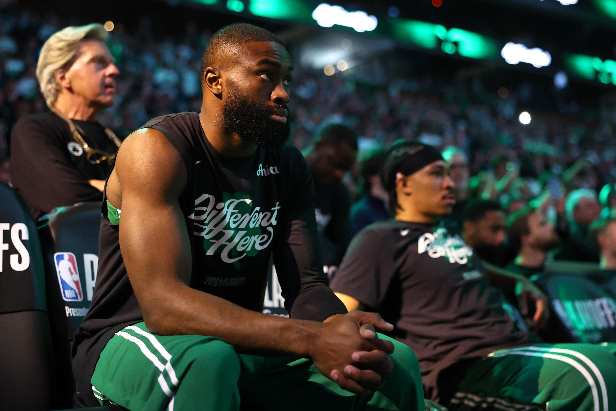 BOSTON, MASSACHUSETTS - MAY 02: Jaylen Brown #7 of the Boston Celtics looks on during introductions prior to a game against the Philadelphia 76ers in Game Seven of the First Round of the NBA Eastern Conference Playoffs at TD Garden on May 02, 2026 in Boston, Massachusetts. NOTE TO USER: User expressly acknowledges and agrees that, by downloading and or using this photograph, User is consenting to the terms and conditions of the Getty Images License Agreement. (Photo by Maddie Meyer/Getty Images)