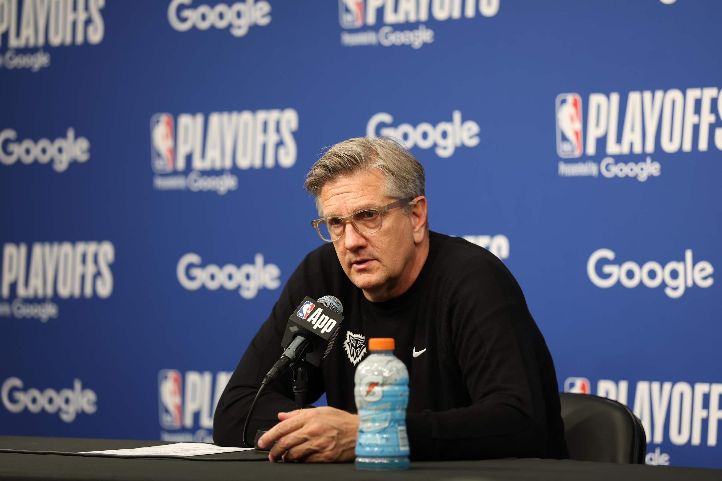 MINNEAPOLIS, MN - MAY 10: Head Coach Chris Finch of the Minnesota Timberwolves talks to the media after the game against the San Antonio Spurs during Round Two Game Four of the 2026 NBA Playoffs on May 10, 2026 at Target Center in Minneapolis, Minnesota. NOTE TO USER: User expressly acknowledges and agrees that, by downloading and or using this Photograph, user is consenting to the terms and conditions of the Getty Images License Agreement. Mandatory Copyright Notice: Copyright 2026 NBAE (Photo by David Sherman/NBAE via Getty Images)