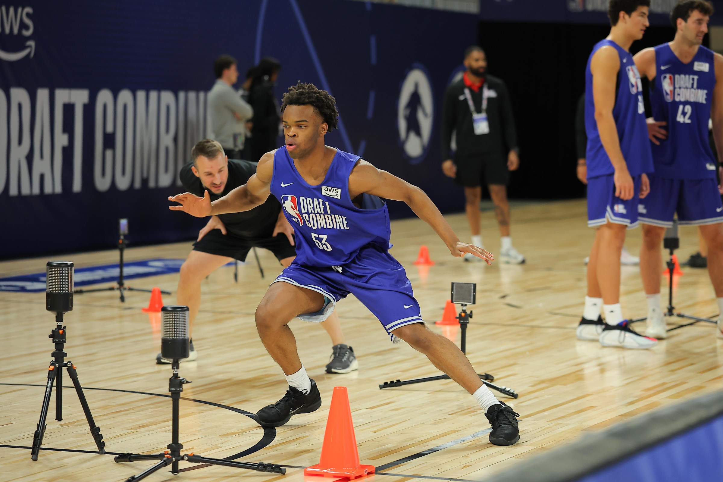 CHICAGO, IL - MAY 11: Ebuka Okorie participates in the pro lane drill during the 2026 NBA Draft Combine on May 11, 2026 at Wintrust Arena in Chicago, Illinois. NOTE TO USER: User expressly acknowledges and agrees that, by downloading and or using this photograph, User is consenting to the terms and conditions of the Getty Images License Agreement. Mandatory Copyright Notice: Copyright 2026 NBAE (Photo by Melissa Tamez/NBAE via Getty Images)