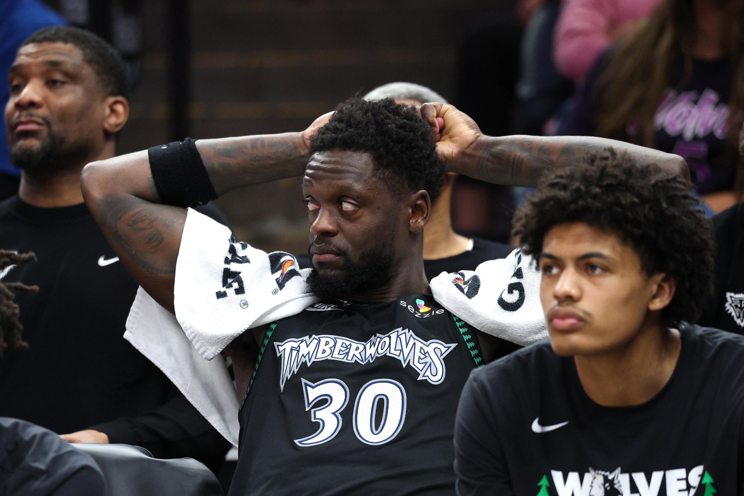 MINNEAPOLIS, MINNESOTA - MAY 15: Julius Randle #30 of the Minnesota Timberwolves looks on from the bench during the third quarter of a game against the San Antonio Spurs in Game Six of the Second Round of the NBA Western Conference Playoffs at Target Center on May 15, 2026 in Minneapolis, Minnesota. NOTE TO USER: User expressly acknowledges and agrees that, by downloading and or using this photograph, User is consenting to the terms and conditions of the Getty Images License Agreement. (Photo by David Berding/Getty Images)