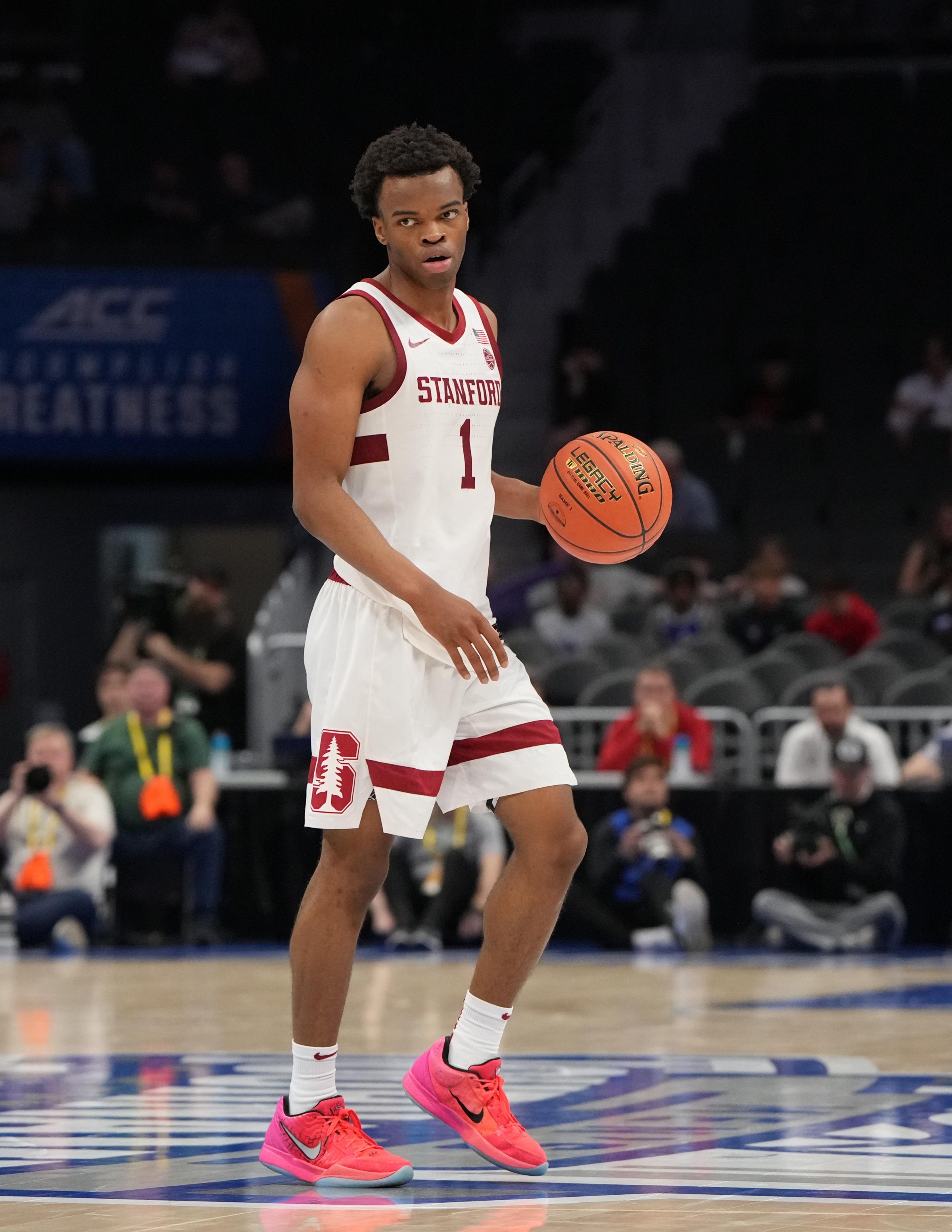 Mar 10, 2026; Charlotte, NC, USA; Stanford Cardinal guard Ebuka Okorie (1) with the ball in the second half at Spectrum Center. Mandatory Credit: Bob Donnan-Imagn Images