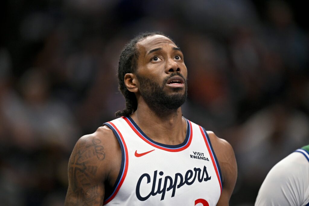 LA Clippers forward Kawhi Leonard (2) looks on during the game between the Mavericks and the Clippers at American Airlines Center.