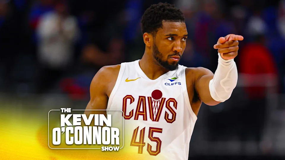 Donovan Mitchell #45 of the Cleveland Cavaliers points against the Detroit Pistons during overtime in Game Five of the Second Round of the NBA Eastern Conference Playoffs at Little Caesars Arena on May 13, 2026 in Detroit, Michigan. (Photo by Gregory Shamus/Getty Images)