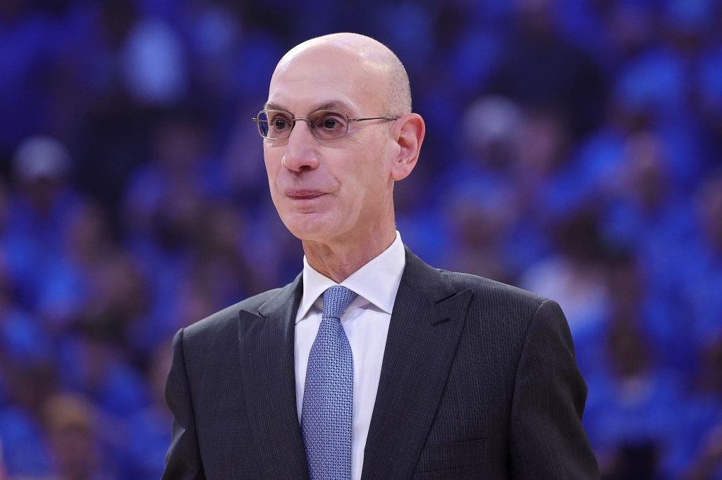 NBA Commissioner Adam Silver looks on during the MVP trophy presentation.