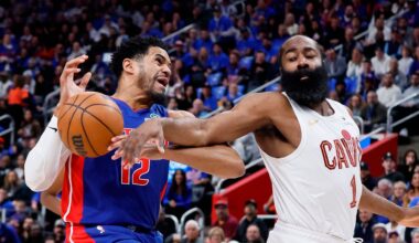 Cleveland Cavaliers guard James Harden (1) knocks the ball out of the hands of Detroit Pistons forward Tobias Harris (12) while going to the basket during the first half in Game 5 of a second-round NBA playoffs basketball series Wednesday, May 13, 2026, in Detroit. (AP Photo/Duane Burleson)