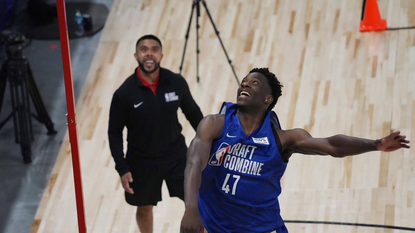 May 12, 2026; Chicago, IL, USA; AJ Dybantsa participates in the 2026 NBA Draft Combine at Wintrust Arena. Mandatory Credit: David Banks-Imagn Images