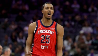 Mar 5, 2026; Sacramento, California, USA; New Orleans Pelicans forward Trey Murphy III (25) reacts after making a three point basket against the Sacramento Kings during the fourth quarter at Golden 1 Center. Mandatory Credit: Dennis Lee-Imagn Images