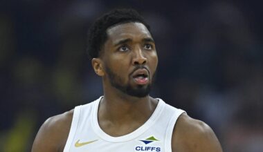Apr 8, 2026; Cleveland, Ohio, USA; Cleveland Cavaliers guard Donovan Mitchell (45) reacts in the third quarter  against the  Atlanta Hawks at Rocket Arena. Mandatory Credit: David Richard-Imagn Images