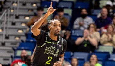 Dec 11, 2025; New Orleans, Louisiana, USA;  New Orleans Pelicans forward Herbert Jones (2) reacts to making a basket against the Portland Trail Blazers during the first half at Smoothie King Center. Mandatory Credit: Stephen Lew-Imagn Images