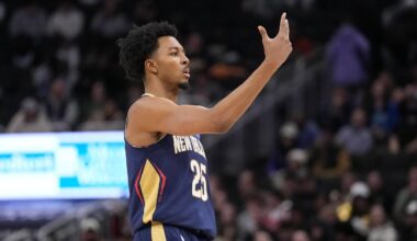 Feb 4, 2026; Milwaukee, Wisconsin, USA;  New Orleans Pelicans forward Trey Murphy III (25) gestures after scoring a basket during the third quarter against the Milwaukee Bucks at Fiserv Forum. Mandatory Credit: Jeff Hanisch-Imagn Images