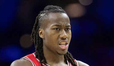 Jan 2, 2024; Philadelphia, Pennsylvania, USA; Chicago Bulls guard Ayo Dosunmu (12): Bill Streicher-Imagn Images