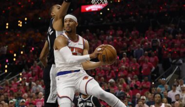 Jun 3, 2026; San Antonio, Texas, USA; New York Knicks guard Josh Hart (3) grabs a rebound against San Antonio Spurs forward Victor Wembanyama (1) in the first half during game one of the 2026 NBA Finals at Frost Bank Center. Mandatory Credit: Geoff Burke-Imagn Images