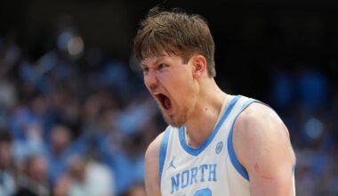 Dec 7, 2025; Chapel Hill, North Carolina, USA;  North Carolina Tar Heels center Henri Veesaar (13) reacts in the second half at Dean E. Smith Center. Mandatory Credit: Bob Donnan-Imagn Images