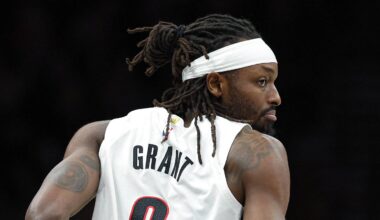 Mar 16, 2026; Brooklyn, New York, USA;  Portland Trail Blazers forward Jerami Grant (9) runs up court after making a basket against the Brooklyn Nets during the first half at Barclays Center. Mandatory Credit: Vincent Carchietta-Imagn Images