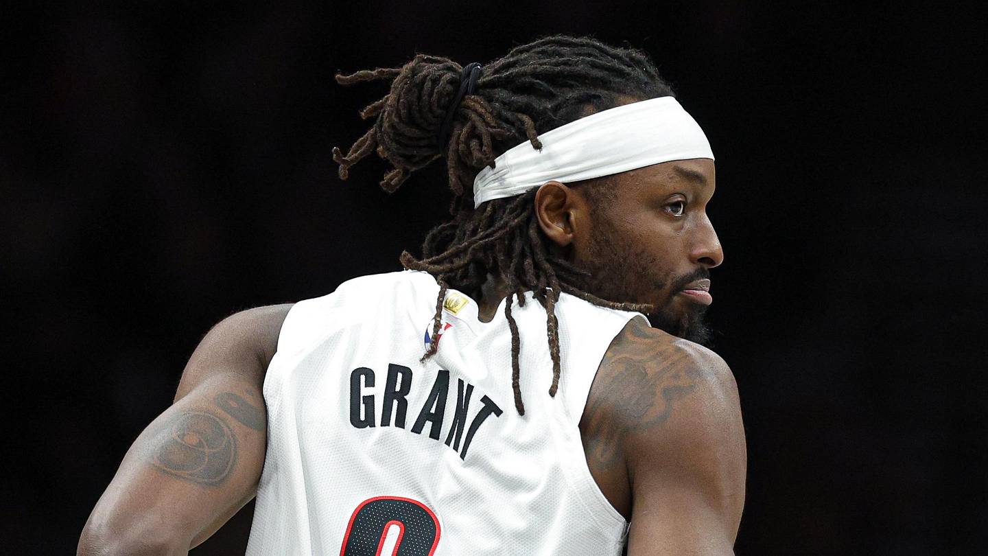 Mar 16, 2026; Brooklyn, New York, USA;  Portland Trail Blazers forward Jerami Grant (9) runs up court after making a basket against the Brooklyn Nets during the first half at Barclays Center. Mandatory Credit: Vincent Carchietta-Imagn Images