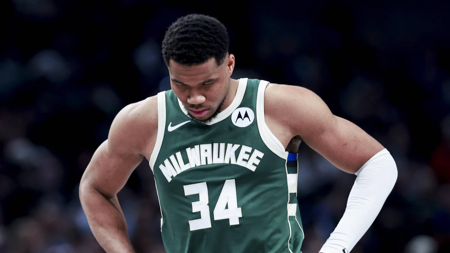 Mar 1, 2025; Dallas, Texas, USA;  Milwaukee Bucks forward Giannis Antetokounmpo (34) reacts against the Dallas Mavericks during the first half at American Airlines Center. Mandatory Credit: Kevin Jairaj-Imagn Images