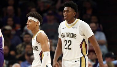 Nov 10, 2025; Phoenix, Arizona, USA; New Orleans Pelicans guard Jeremiah Fears (0) and center Derik Queen (22) against the Phoenix Suns at the Mortgage Matchup Center. Mandatory Credit: Mark J. Rebilas-Imagn Images