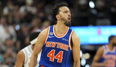 Jun 5, 2026; San Antonio, Texas, USA; New York Knicks guard Landry Shamet (44) celebrates during the fourth quarter during game two of the 2026 NBA Finals at Frost Bank Center. Mandatory Credit: Scott Wachter-Imagn Images