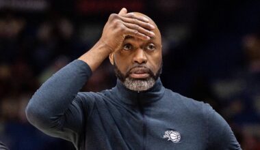 Apr 5, 2026; New Orleans, Louisiana, USA;  Orlando Magic Head Coach Jamahl Mosley reacts to a play against the New Orleans Pelicans during the second half at Smoothie King Center. Mandatory Credit: Stephen Lew-Imagn Images
