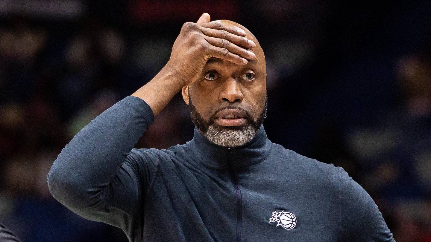 Apr 5, 2026; New Orleans, Louisiana, USA;  Orlando Magic Head Coach Jamahl Mosley reacts to a play against the New Orleans Pelicans during the second half at Smoothie King Center. Mandatory Credit: Stephen Lew-Imagn Images