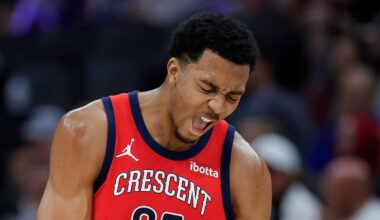New Orleans Pelicans guard Trey Murphy III (25) celebrates after scoring a basket during the first quarter against the Sacramento Kings at Golden 1 Center on April 2, 2024.