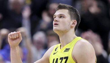 Jan 13, 2023; Salt Lake City, Utah, USA; Utah Jazz center Walker Kessler (24) reacts to a play against the Orlando Magic in the last minute of the game at Vivint Arena. Mandatory Credit: Rob Gray-Imagn Images