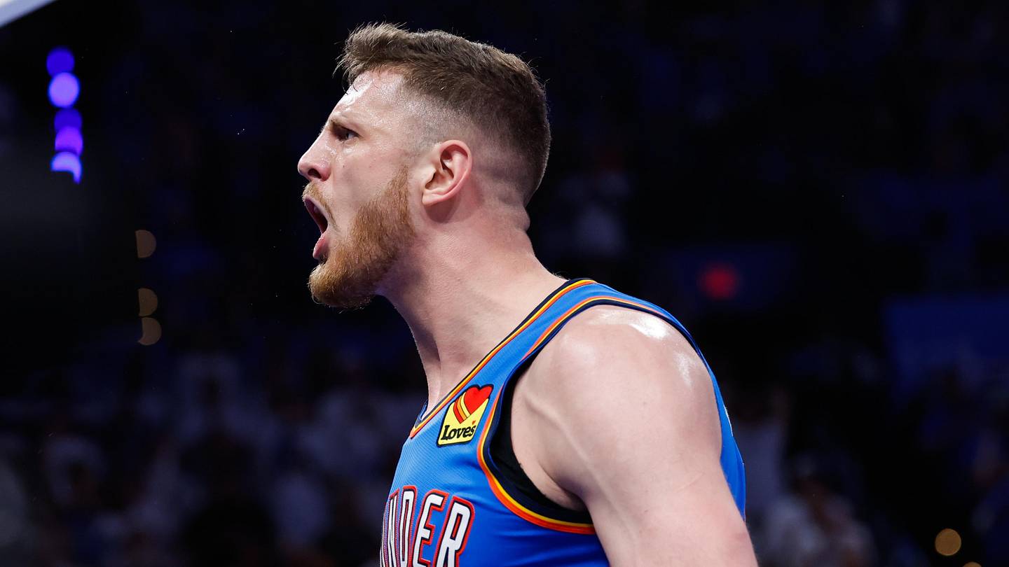 May 20, 2026; Oklahoma City, Oklahoma, USA; Oklahoma City Thunder center Isaiah Hartenstein (55) reacts to a play during the fourth quarter against the San Antonio Spurs during game two of the western conference finals for the 2026 NBA playoffs at Paycom Center. Mandatory Credit: Alonzo Adams-Imagn Images