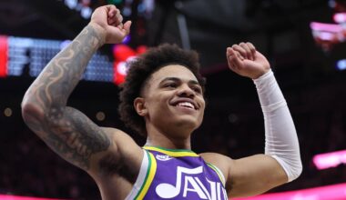 Nov 27, 2023; Salt Lake City, Utah, USA; Utah Jazz guard Keyonte George (3) celebrates a victory over the New Orleans Pelicans at Delta Center. Mandatory Credit: Rob Gray-Imagn Images