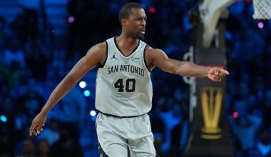 Dec 13, 2025; Las Vegas, Nevada, USA; San Antonio Spurs forward Harrison Barnes (40) reacts during the third quarter against the Oklahoma City Thunder at T-Mobile Arena. Mandatory Credit: Kirby Lee-Imagn Images