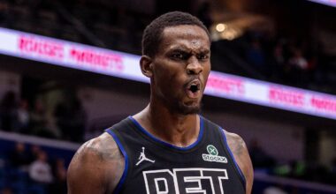 Jan 21, 2026; New Orleans, Louisiana, USA;  Detroit Pistons center Jalen Duren (0) reacts to a play against the New Orleans Pelicans during the second half at Smoothie King Center. Mandatory Credit: Stephen Lew-Imagn Images