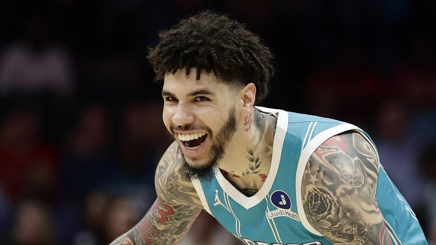 Mar 19, 2026; Charlotte, North Carolina, USA; Charlotte Hornets guard LaMelo Ball (1) smiles as he dribbles the ball during the first quarter against the Orlando Magic at Spectrum Center. Mandatory Credit: Brian Westerholt-Imagn Images