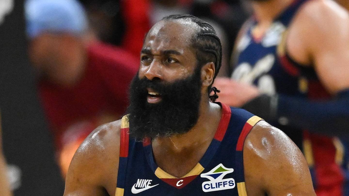 May 23, 2026; Cleveland, Ohio, USA; Cleveland Cavaliers guard James Harden (1) reacts in the second quarter against the New York Knicks during game three of the eastern conference finals for the 2026 NBA playoffs at Rocket Arena. Mandatory Credit: David Richard-Imagn Images