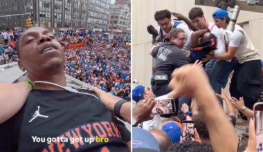 Moment Knicks fans climb structure to save reveler from apparent overdose during championship parade