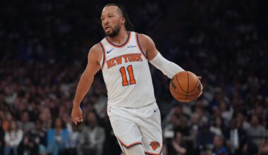 New York Knicks' Jalen Brunson (11) during the first half in Game 1 of a first-round NBA playoffs basketball series against the Atlanta Hawks, Saturday, April 18, 2026, in New York. (AP Photo/Frank Franklin II)