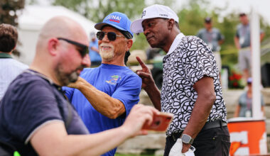 Former Detroit Pistons All-Star and two-time NBA champion Isiah Thomas, right, poses for a photo during the Dow Championship Pro Am Tournament at the Midland Country Club on Wednesday, June 10, 2026.