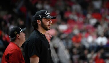 Texas Tech quarterback Brendan Sorsby watches from the stands during the second half of an NCAA college basketball game between Texas Tech and Cincinnati Tuesday, Feb. 24, 2026, in Lubbock, Texas. (AP Photo/Justin Rex)