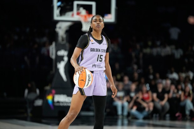 Golden State Valkyries guard Tiffany Hayes (15) plays against the Las Vegas Aces in a WNBA basketball game Sunday, June 21, 2026, in Las Vegas. (AP Photo/John Locher)