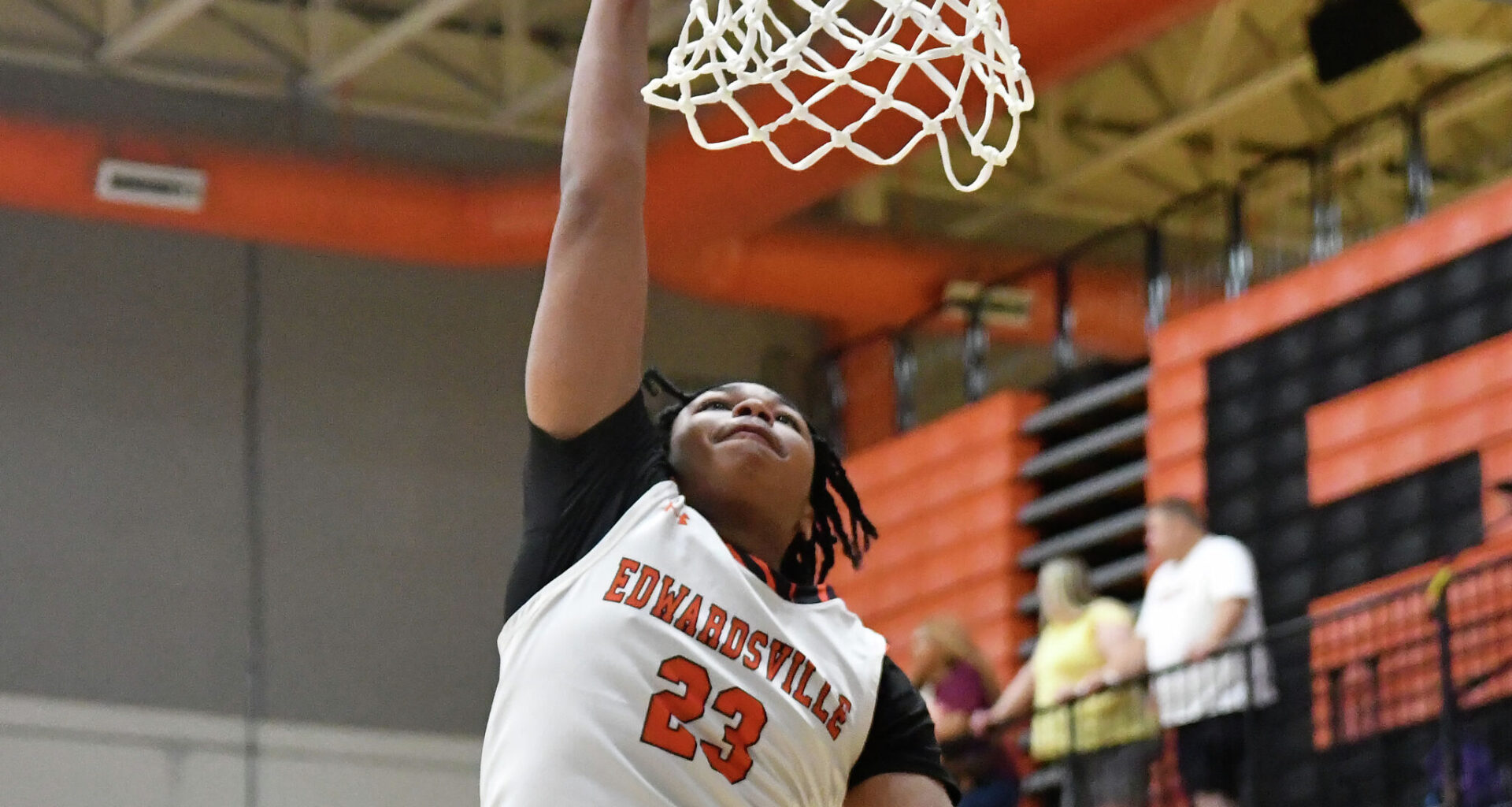 Edwardsville's Matthew Wilson goes up for a dunk during the NCAA Live Showcase on June 27, 2026, inside Lucco-Jackson Gymnasium in Edwardsville.