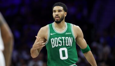 Apr 30, 2026; Philadelphia, Pennsylvania, USA; Boston Celtics forward Jayson Tatum (0) reacts to his score against the Philadelphia 76ers during the second quarter at Xfinity Mobile Arena