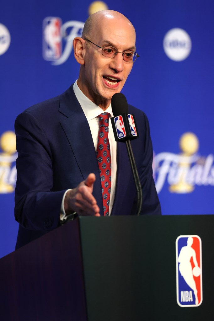 NBA Commissioner Adam Silver addresses the media prior to a game between the New York Knicks and the San Antonio Spurs in the 2026 NBA Finals Game One of the 2026 NBA Finals at Frost Bank Center on June 03, 2026 in San Antonio, Texas. 