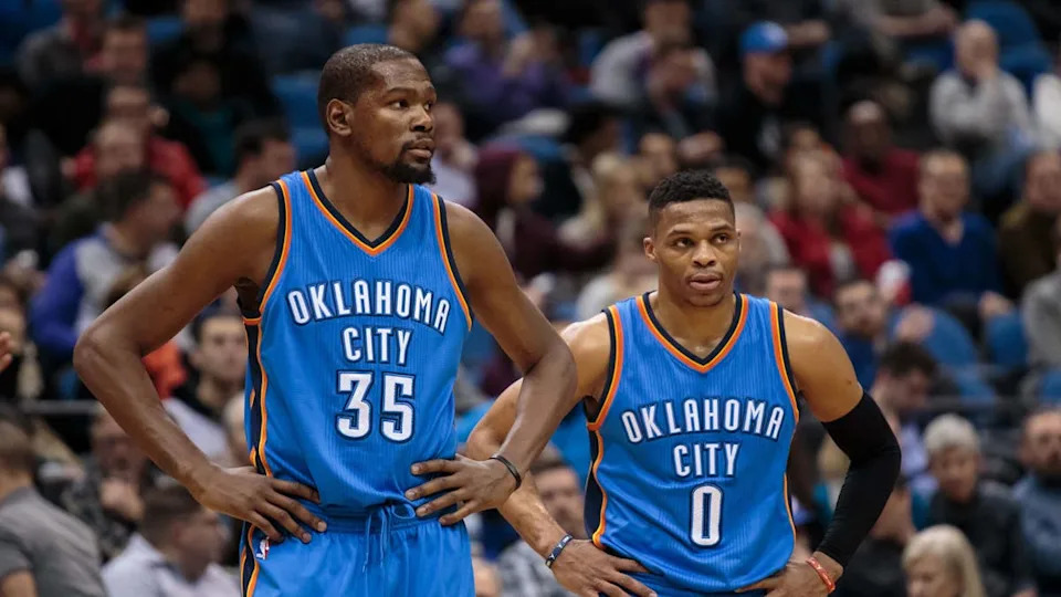 Former Oklahoma City Thunder forward Kevin Durant (35) and guard Russell Westbrook (0)© Brad Rempel-Imagn Images