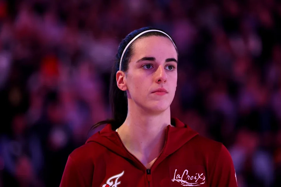 Indiana Fever star Caitlin Clark during national anthem before game against Golden State Valkyries