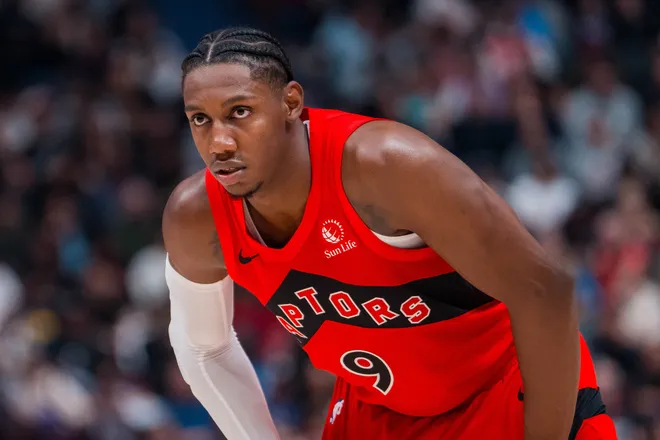 Oct 6, 2025; Vancouver, British Columbia, CAN; Toronto Raptors guard RJ Barrett (9) during a stop in play against the Denver Nuggets in the first half at Rogers Arena. Mandatory Credit: Bob Frid-Imagn Images