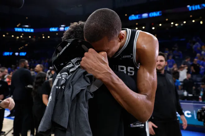 May 30, 2026; Oklahoma City, Oklahoma, USA; San Antonio Spurs forward Victor Wembanyama (1) celebrates after defeating the Oklahoma City Thunder in game seven of the western conference finals for the 2026 NBA playoffs at Paycom Center. Mandatory Credit: Alonzo Adams-Imagn Images
