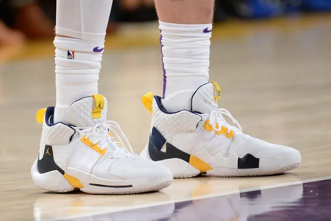 The shoes of Los Angeles Lakers center Moritz Wagner (15) pictured at Staples Center.