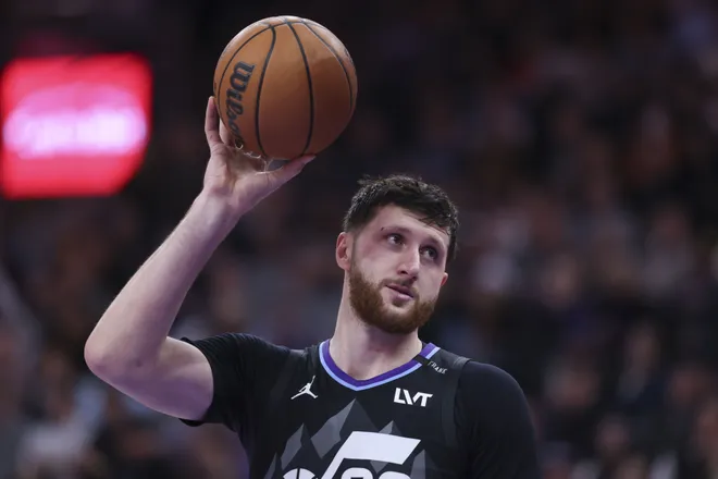 Jan 20, 2026; Salt Lake City, Utah, USA; Utah Jazz center Jusuf Nurkic (30) controls the ball during the second half of the game against the Minnesota Timberwolves at Delta Center. Mandatory Credit: Rob Gray-Imagn Images