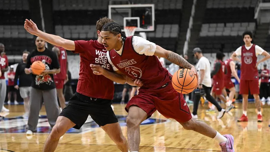 Arkansas Razorbacks guard Darius Acuff Jr. (5) dribbles the basketball during a practice. Credit: Eakin Howard-Imagn Images
