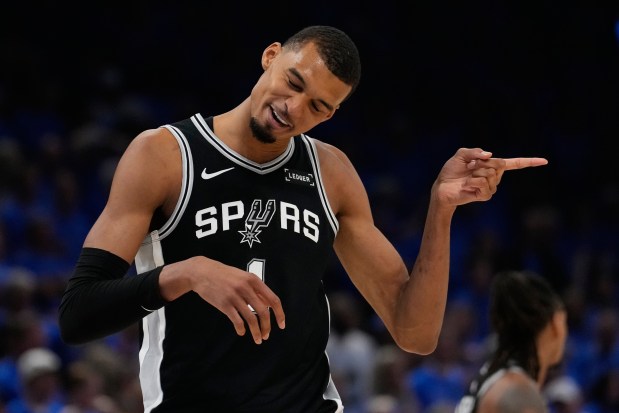San Antonio Spurs forward Victor Wembanyama celebrates during the second half of Game 1 in a third-round NBA basketball playoffs series against the Oklahoma City Thunder Monday, May 18, 2026, in Oklahoma City. (AP Photo/Tony Gutierrez)
