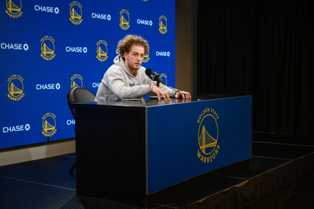 Golden State Warriors' Brandin Podziemski speaks during the team's exit interviews held at Chase Center in San Francisco, Calif., on Monday, April 20, 2026. The Warriors 2025-26 season ended with a loss to the Phoenix Suns in the NBA play-in tournament earlier this week. (Jose Carlos Fajardo/Bay Area News Group)