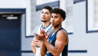2026 guard Dionycius Bakare and Cal head coach Mark Madsen